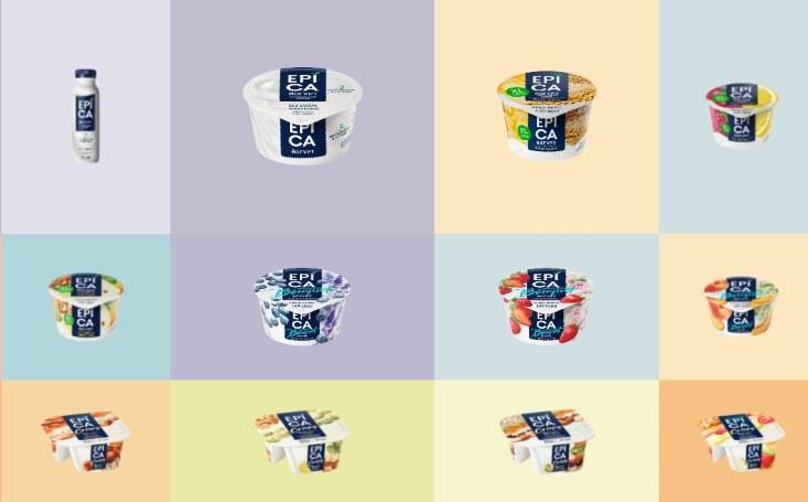 Много йогуртов в разноцветных квадратах